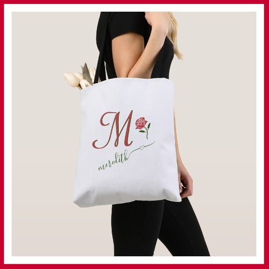 Elegant Custom Monogram Floral Heart Name Tote Bag