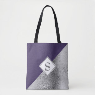 Elegant Custom Monogram Metallic Paars Silver Tote Bag