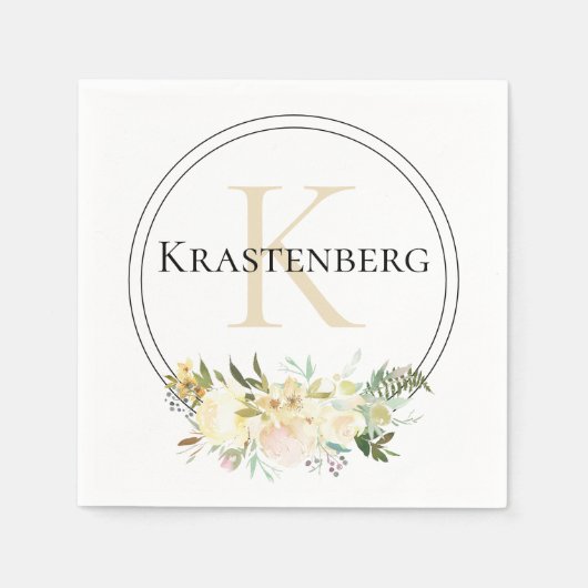 Elegant Custom Monogram Naam Witte Rozen Servet (Voorkant)