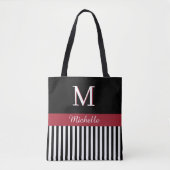 Elegant Custom Monogram Name Black White Stripes Tote Bag (Voorkant)