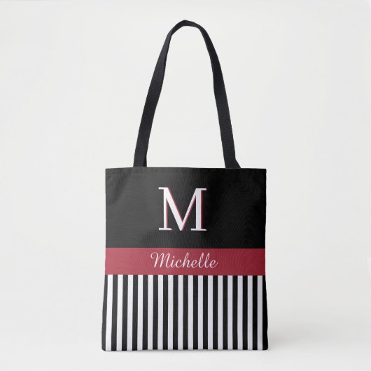 Elegant Custom Monogram Name Black White Stripes Tote Bag (Voorkant)