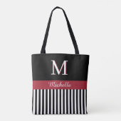 Elegant Custom Monogram Name Black White Stripes Tote Bag (Achterkant)