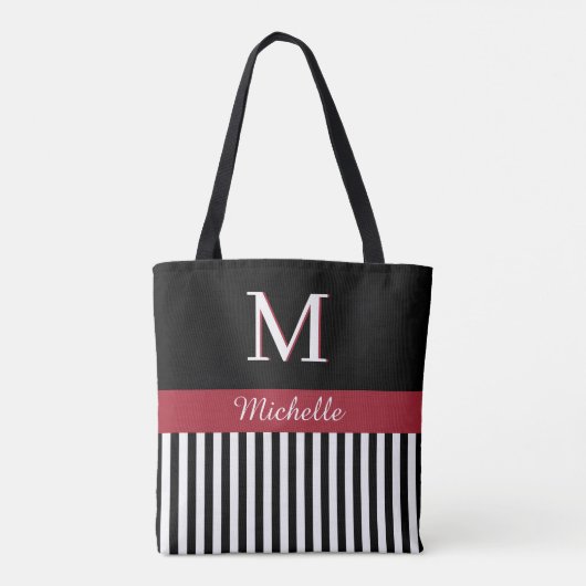 Elegant Custom Monogram Name Black White Stripes Tote Bag (Achterkant)