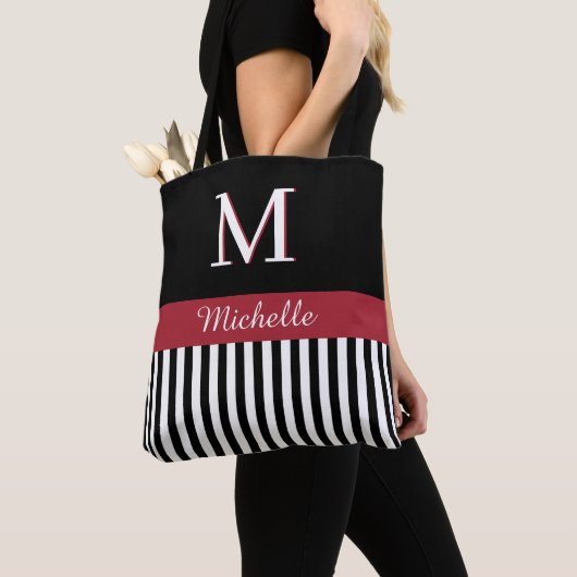 Elegant Custom Monogram Name Black White Stripes Tote Bag (Dichtbij)