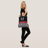 Elegant Custom Monogram Name Black White Stripes Tote Bag (Op model)