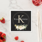 Elegant Custom Monogram Name White Roses on Black Servet (Insitu)