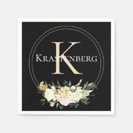 Elegant Custom Monogram Name White Roses on Black Servet