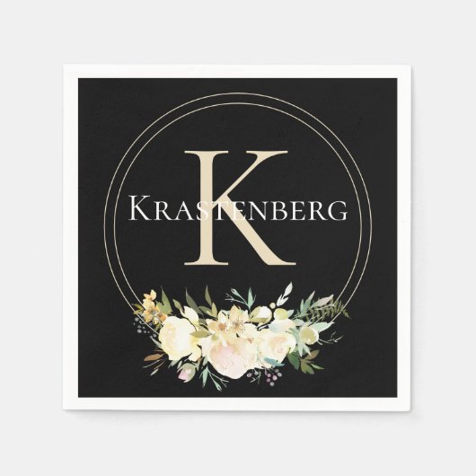 Elegant Custom Monogram Name White Roses on Black Servet (Voorkant)