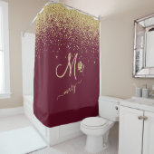 Elegant Custom Monogram Red Gold Sparkle Douchegordijn (In situ)