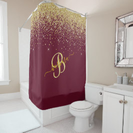Elegant Custom Monogram Red Gold Sparkle Douchegordijn