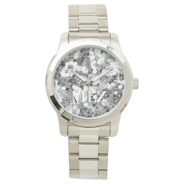 Elegant Custom Monogram Silver Glitter look Horloge (Voorkant)