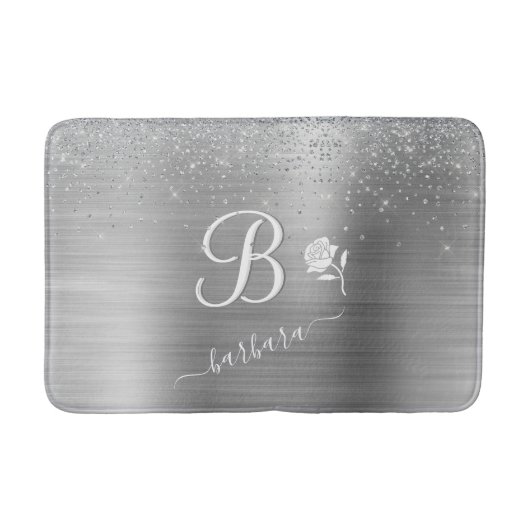 Elegant Custom Monogram Silver Sparkle Badmat (Voorkant)