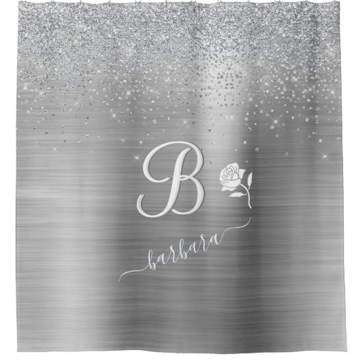 Elegant Custom Monogram Silver Sparkle Douchegordijn (Voorkant)