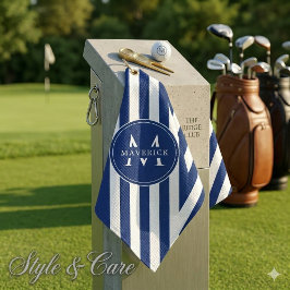 Elegant Custom Name and Initials Navy White Stripe Golfhanddoek