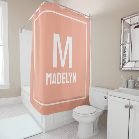 Elegant Custom name Monogram Peach And white   Douchegordijn (In situ)