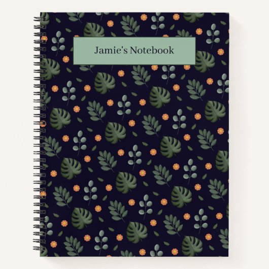 Elegant Custom Name Navy Botanical Notebook Notitieboek (Voorkant)