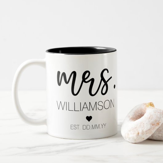 Elegant Custom Name Wedding New Couple Gift Tweekleurige Koffiemok (Met donut)