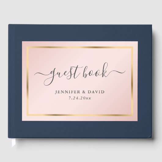 Elegant Custom Navy Blue Blush and Gold Wedding Gastenboek (Voorkant)