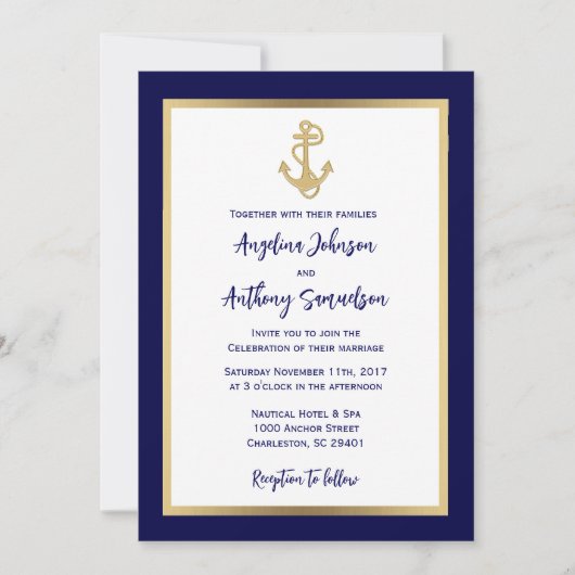Elegant Custom Navy Blue Gold Nautical Wedding Kaart (Voorkant)