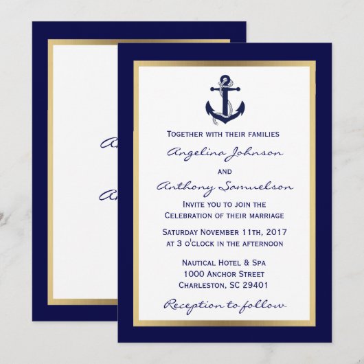 Elegant Custom Navy Blue Nautical Wedding Invites Kaart (Voorkant / Achterkant)