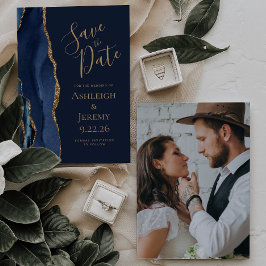 Elegant Custom Photo Agate Blue Gold Save the Date Kaart