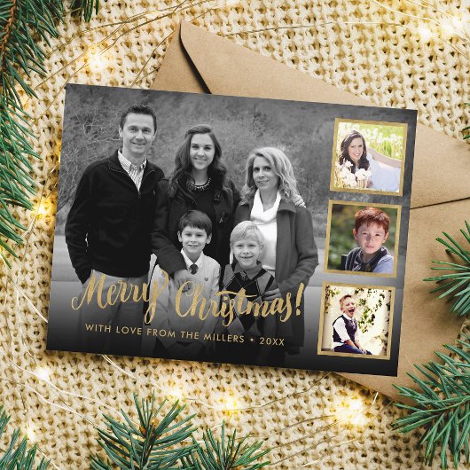 Elegant Custom Photo Collage Gold Merry kerst Feestdagenkaart