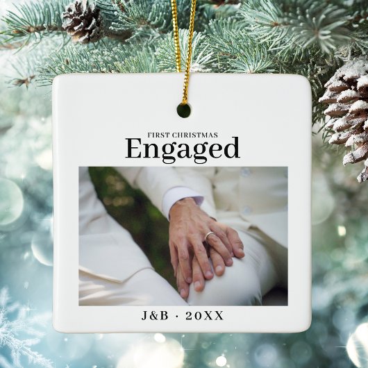 Elegant Custom Photo First Kerstmis Engaged White Keramisch Ornament