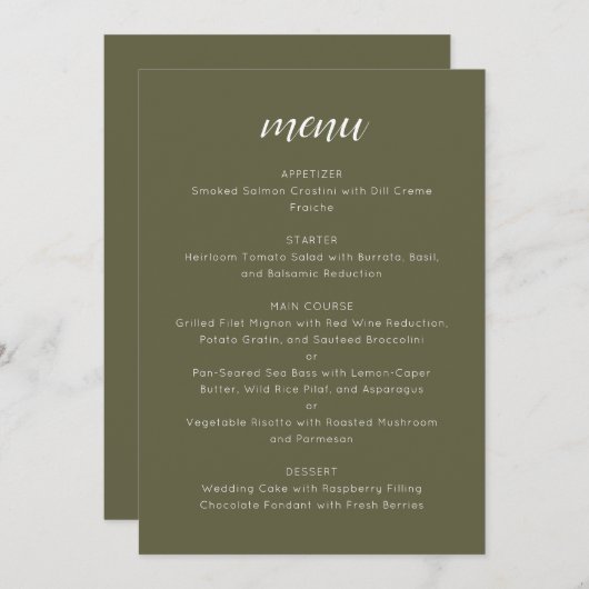 Elegant Custom Wedding Menu Template Olive Moss (Voorkant / Achterkant)