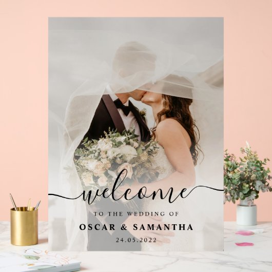 Elegant Custom Wedding Photo Welkom Acryl Bord (Huwelijk)