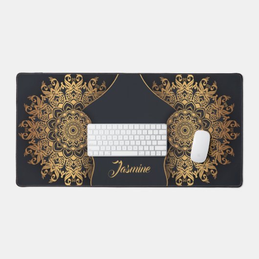 Elegant Custom Zwart en Goud Mandala Bureaumat (Keyboard & Muis)