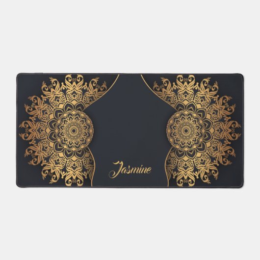 Elegant Custom Zwart en Goud Mandala Bureaumat (Voorkant)