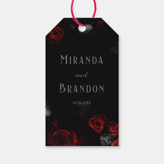 Elegant Custom Zwart en Rood Bloemen Bruiloft Cadeaulabel (Voorkant)