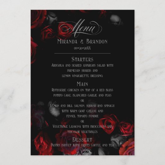 Elegant Custom Zwart en Rood Bloemen Bruiloft Menu (Voorkant)