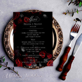 Elegant Custom Zwart en Rood Bloemen Bruiloft Menu