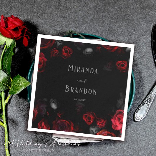 Elegant Custom Zwart en Rood Bloemen Bruiloft Servet