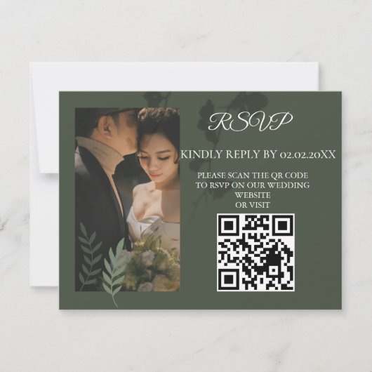 Elegant customizable olive green wedding RSVP kaartje (Voorkant)