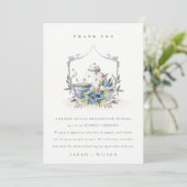 Elegant Cute Aqua Blue Floral Teapot Crest Wedding Bedankkaart (Staand voorkant)