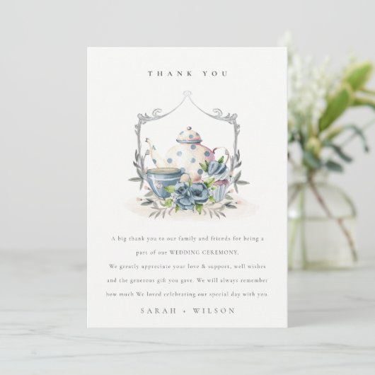 Elegant Cute Aqua Blue Floral Teapot Crest Wedding Bedankkaart (Staand voorkant)