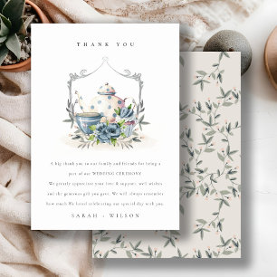 Elegant Cute Aqua Blue Floral Teapot Crest Wedding Bedankkaart