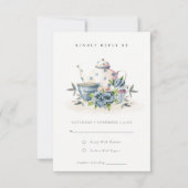 Elegant Cute Aqua Blue Floral Teapot Cup Weddensch RSVP Kaartje (Voorkant)