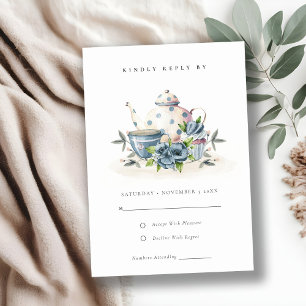 Elegant Cute Aqua Blue Floral Teapot Cup Weddensch RSVP Kaartje