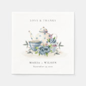 Elegant Cute Aqua Blue Floral Teapot Cup Weddensch Servet (Voorkant)