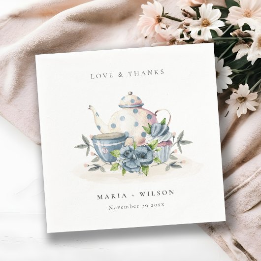 Elegant Cute Aqua Blue Floral Teapot Cup Weddensch Servet