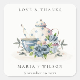Elegant Cute Aqua Blue Floral Teapot Cup Weddensch Vierkante Sticker