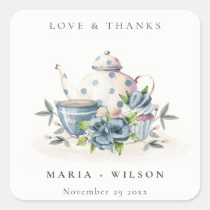 Elegant Cute Aqua Blue Floral Teapot Cup Weddensch Vierkante Sticker