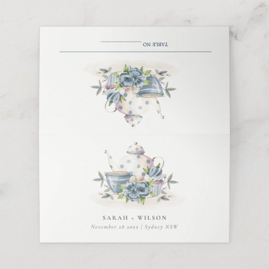 Elegant Cute Aqua Blue Foral Teapot Cup Weddenscha Plaatskaartje (Buitenkant ongevouwen)