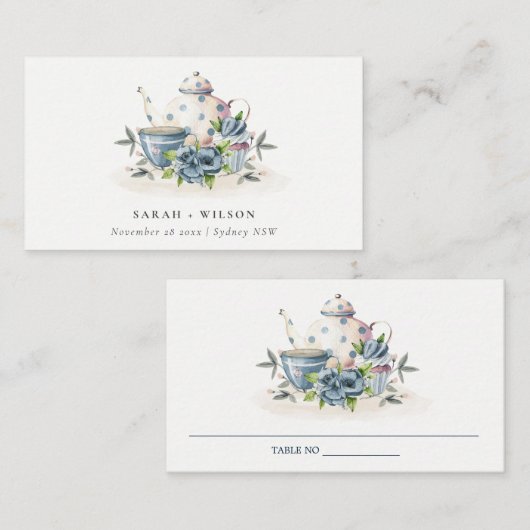 Elegant Cute Aqua Blue Foral Teapot Cup Weddenscha Plaatskaartje (Voorkant / Achterkant)