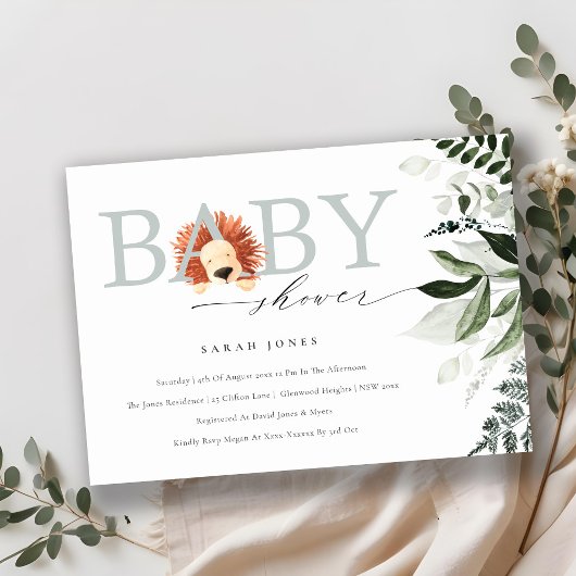 Elegant Cute Boho Lion Foliage Baby shower Invite Bedankkaart