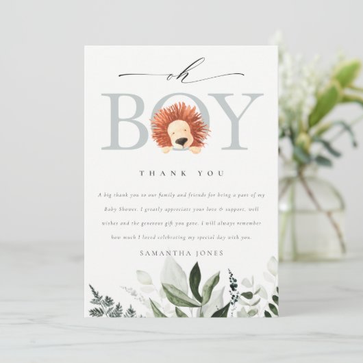 Elegant Cute Boho Lion Foliage Oh Boy Baby shower Bedankkaart (Staand voorkant)