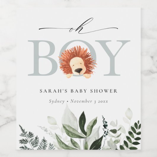 Elegant Cute Boho Lion Foliage Oh Boy Baby shower Wijn Etiket (Enkel label)